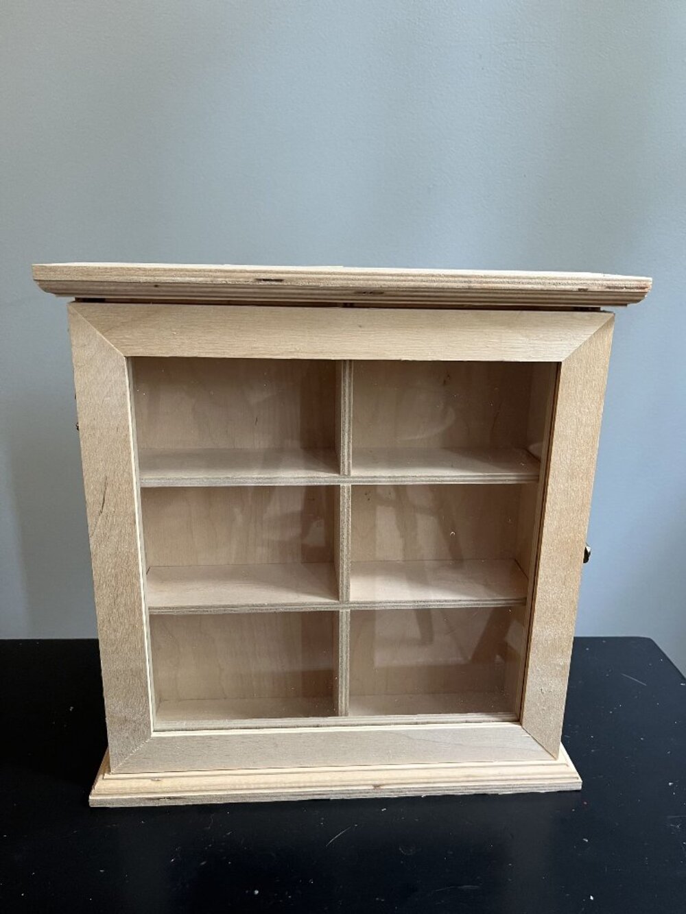Natural Wood Display Case With Glass Door & 6 Compartments For Collectibles Or M